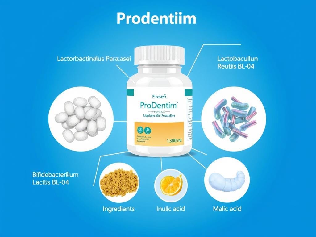 Visual breakdown of ProDentim's key probiotic strains and natural ingredients