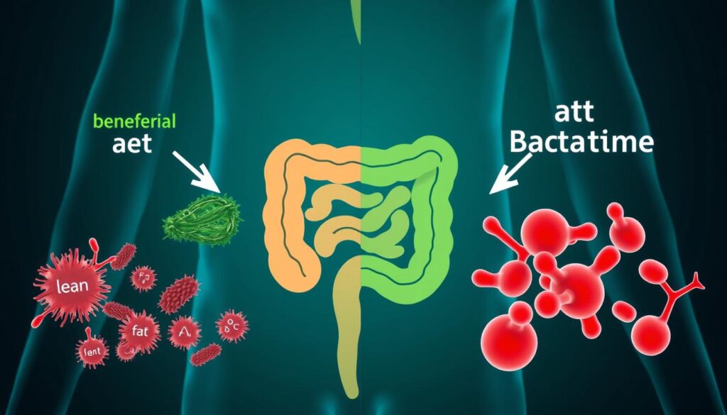 Visual representation of the gut microbiome showing lean bacteria vs fat bacteria balance Visual representation of the gut microbiome showing lean bacteria vs fat bacteria balance