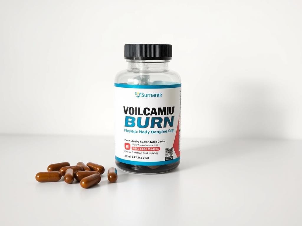 VolcaBurn supplement bottle and capsules displayed on a clean surface