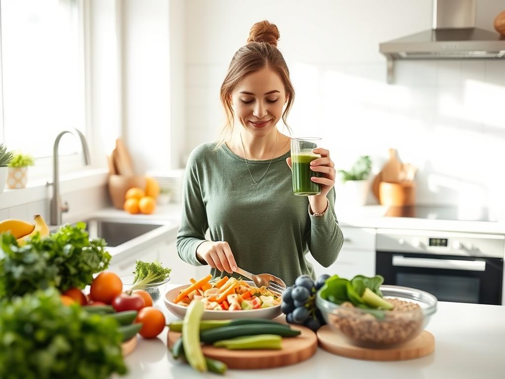 Woman drinking Ikaria Juice formula while preparing healthy meal in kitchen Woman drinking Ikaria Juice formula while preparing healthy meal in kitchen