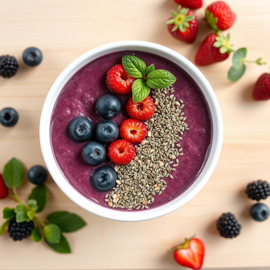 A berry fiber blast smoothie in a bowl topped with additional berries and seeds for lose weight without exercise using the smoothie diet plan