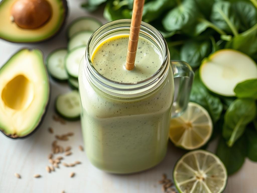 A creamy avocado cucumber smoothie with ingredients displayed for lose weight without exercise using the smoothie diet plan