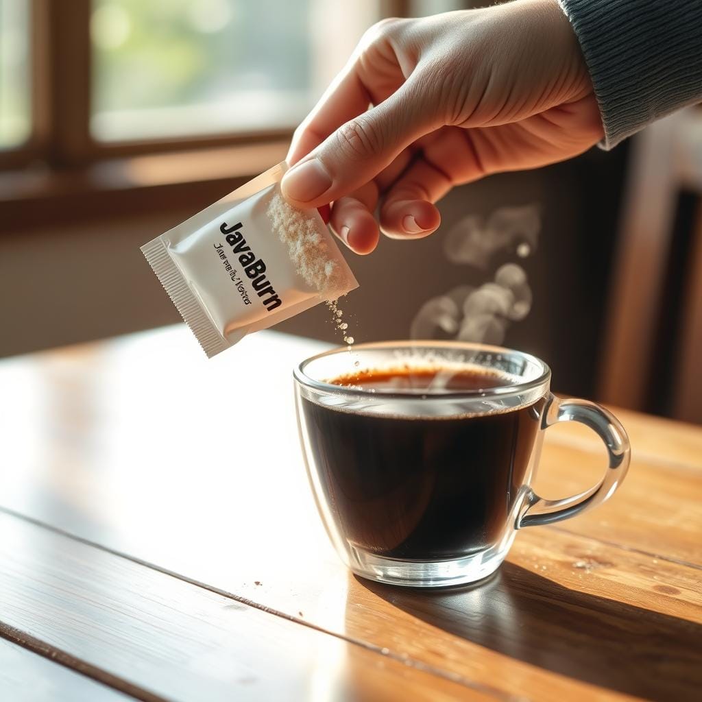 A person adding JavaBurn powder to their morning coffee