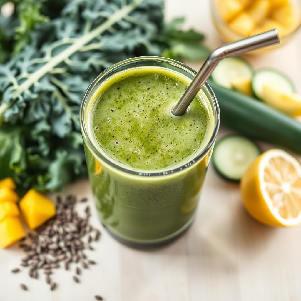 A vibrant green detox smoothie in a glass with ingredients displayed beside it for lose weight without exercise using the smoothie diet plan