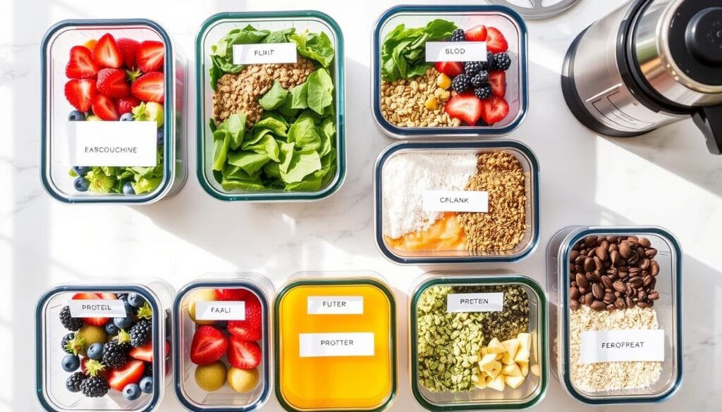 A weekly meal prep setup with pre-portioned smoothie ingredients in containers for lose weight without exercise using the smoothie diet plan