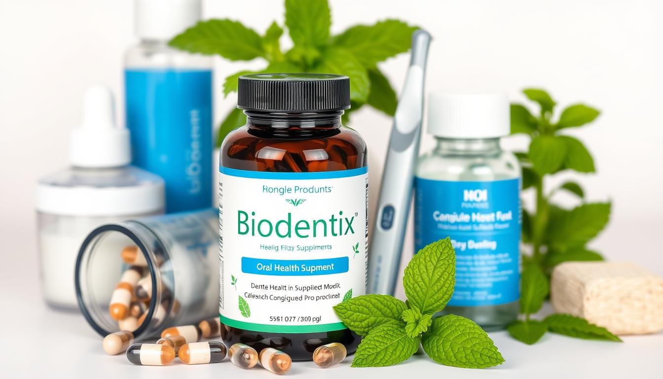 Biodentix oral health supplement bottle and capsules with fresh mint leaves