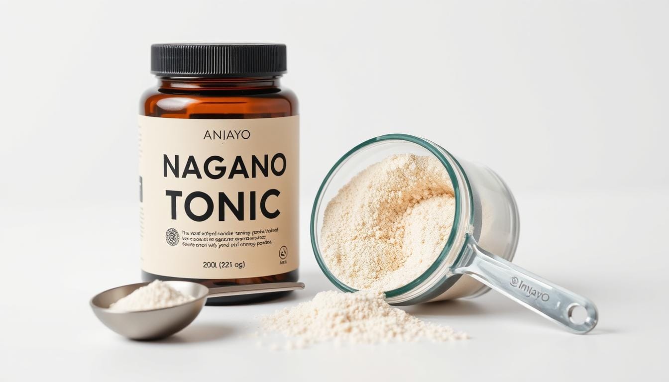 Bottle of Nagano Tonic powder supplement with measuring scoop
