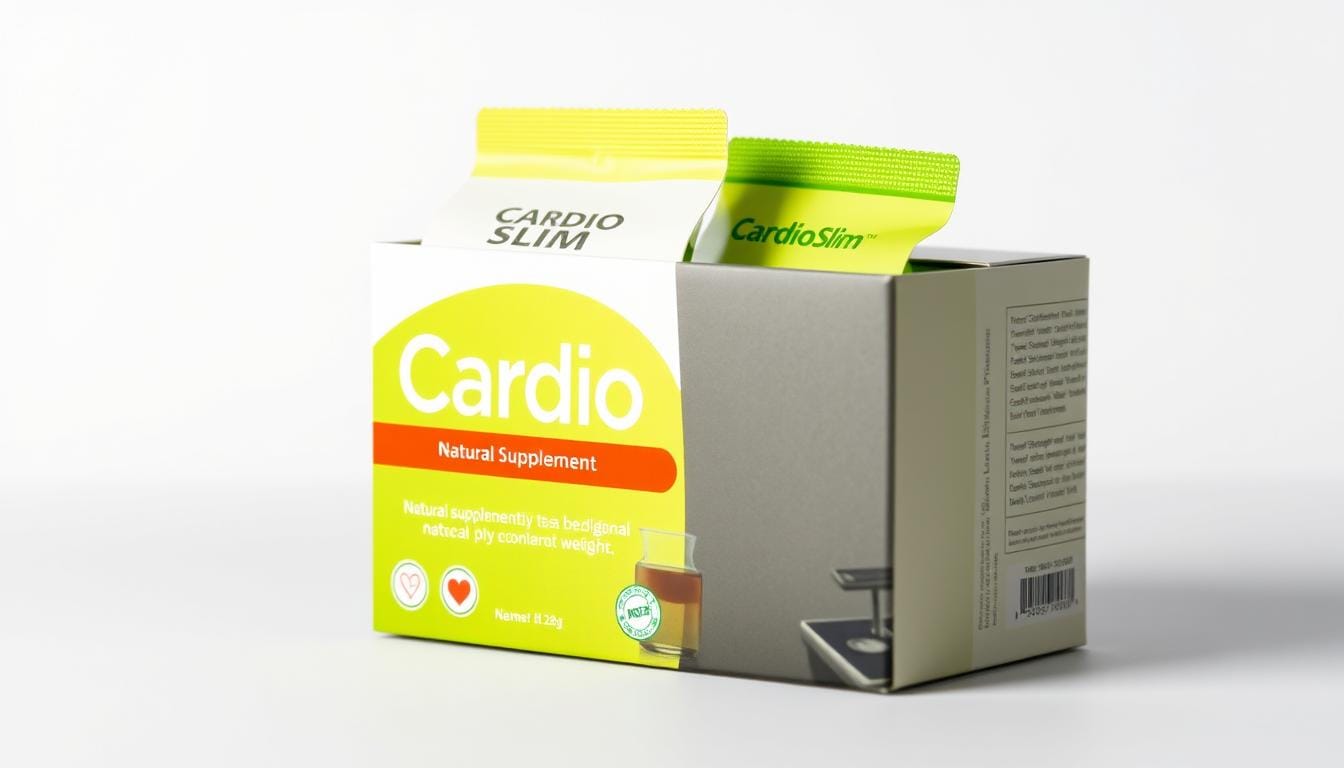 CardioSlim natural supplement package showing heart health and weight loss benefits