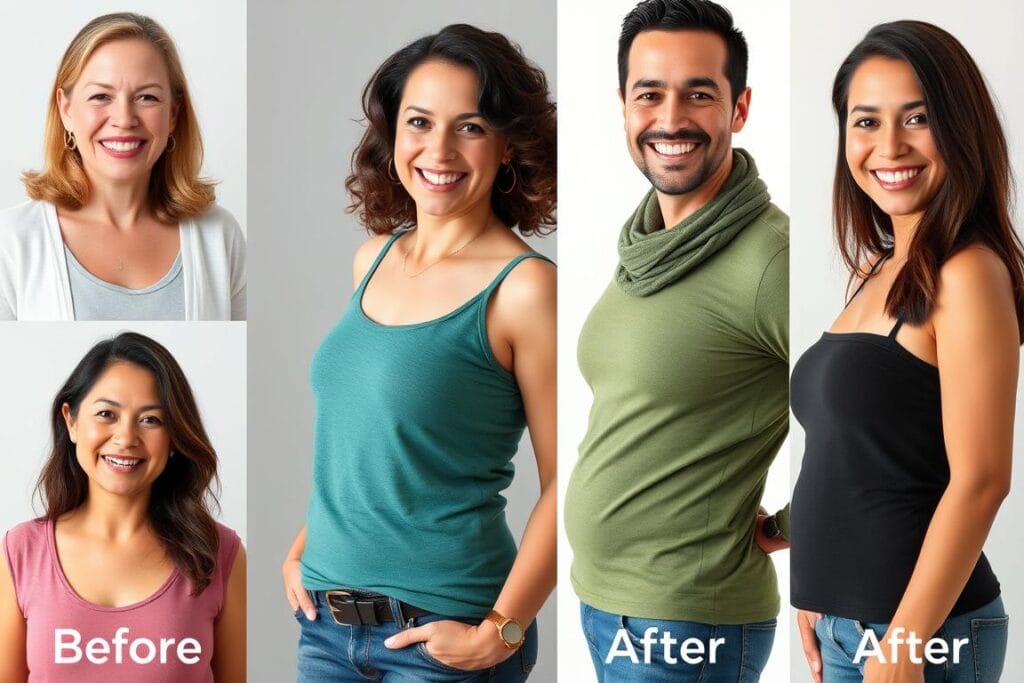 Collage of Samsara users sharing their weight loss journey and results Collage of Samsara users sharing their weight loss journey and results