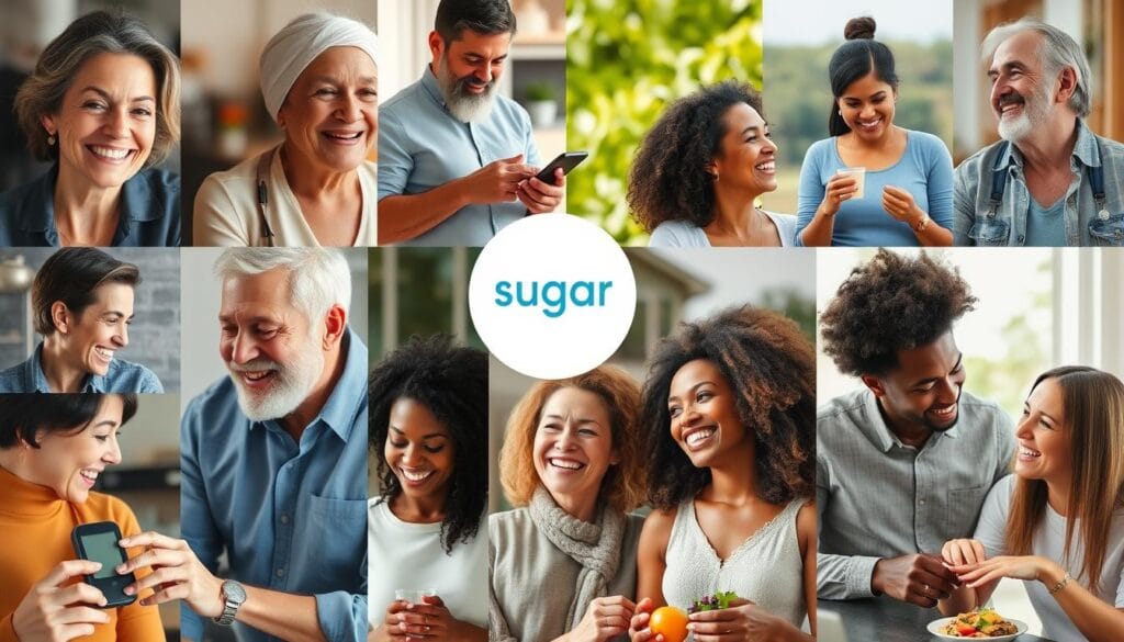 Collage of diverse SugarMute users sharing their positive experiences Collage of diverse SugarMute users sharing their positive experiences