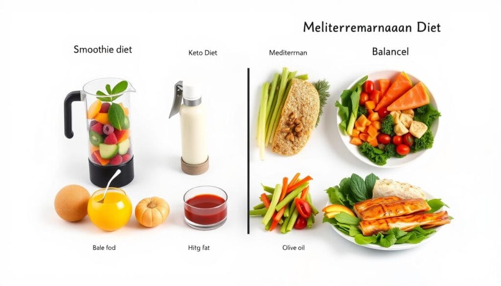 Comparison of different diet plans including smoothie diet, keto, and Mediterranean diet Comparison of different diet plans including smoothie diet, keto, and Mediterranean diet