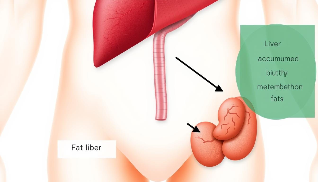 Diagram showing the connection between liver health and stubborn belly fat accumulation