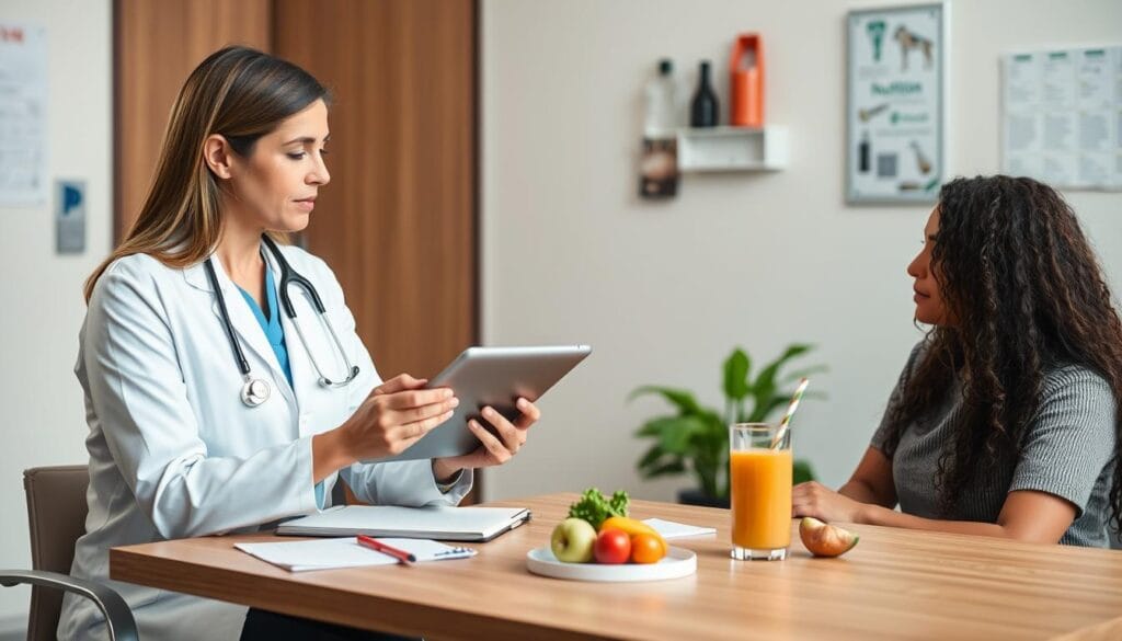 Doctor consulting with patient about dietary changes and smoothie diet plan for lose weight without exercise using the smoothie diet plan