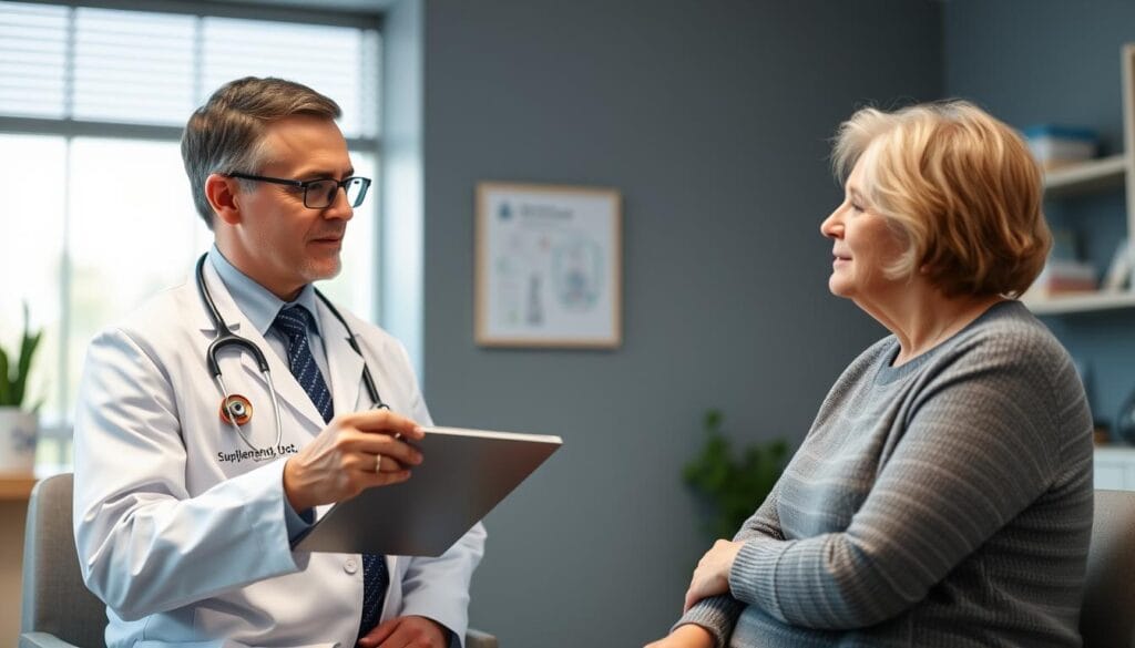 Doctor discussing HepatoBurn natural liver detox supplement with a patient Doctor discussing HepatoBurn natural liver detox supplement with a patient