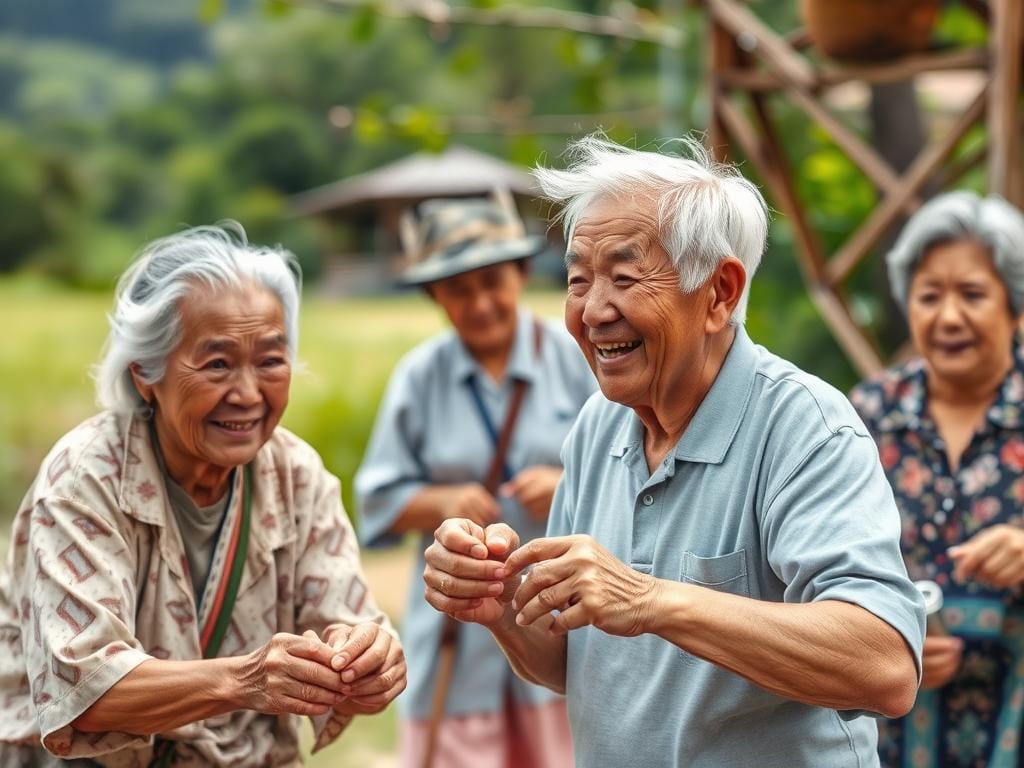 Elderly Okinawan people practicing traditional activities