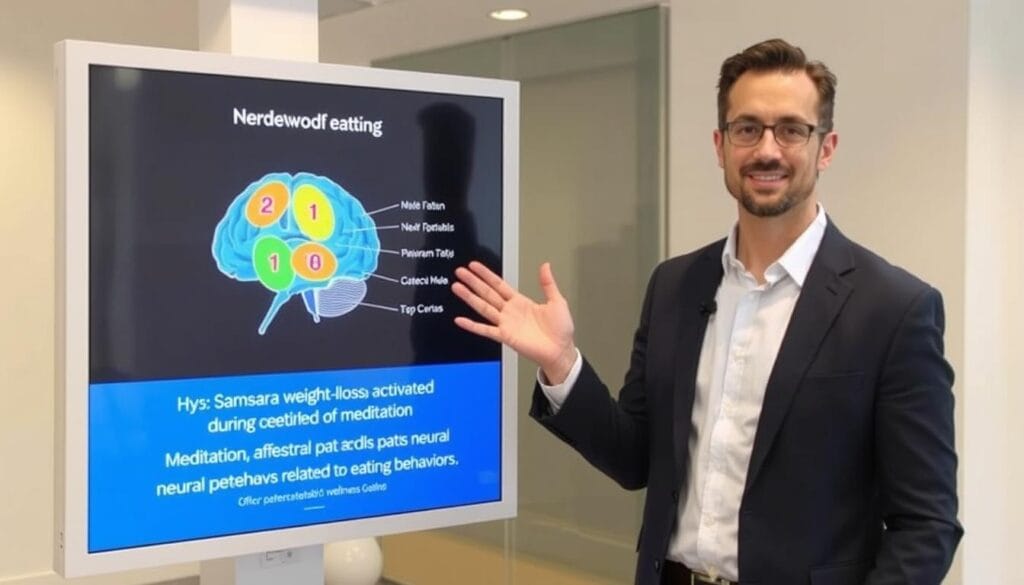 Expert explaining how Samsara weight-loss audio sessions work with brain diagram Expert explaining how Samsara weight-loss audio sessions work with brain diagram