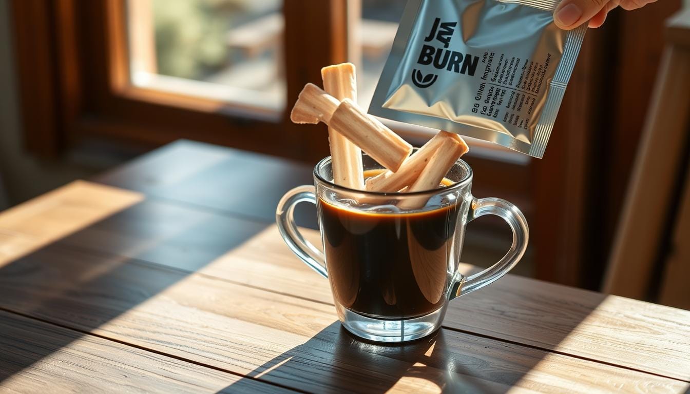 JavaBurn supplement packet being poured into a coffee cup