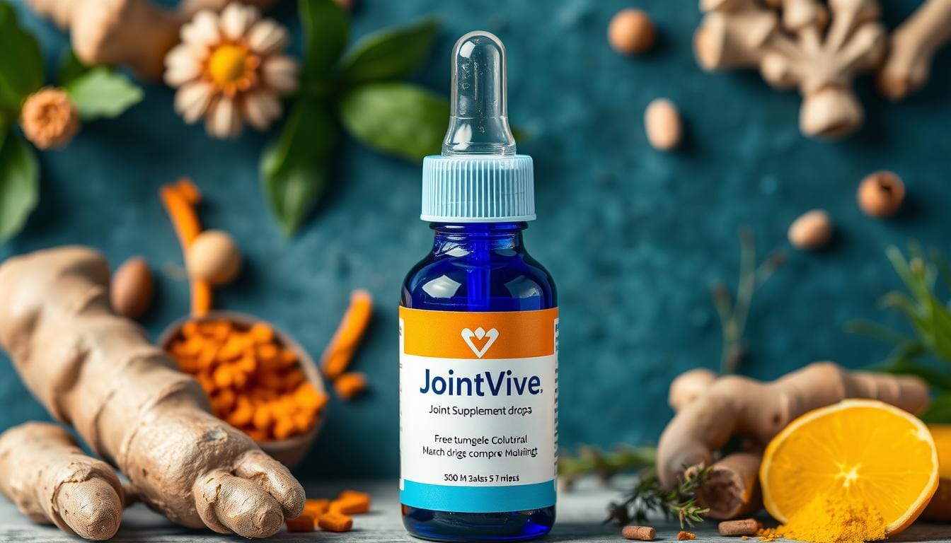 JointVive drops bottle with natural ingredients background