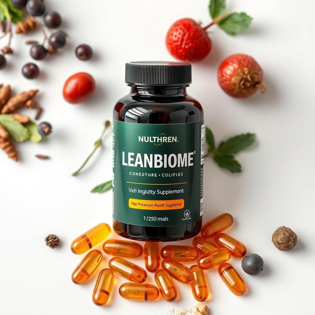 LeanBiome supplement bottle and capsules with key ingredients highlighted