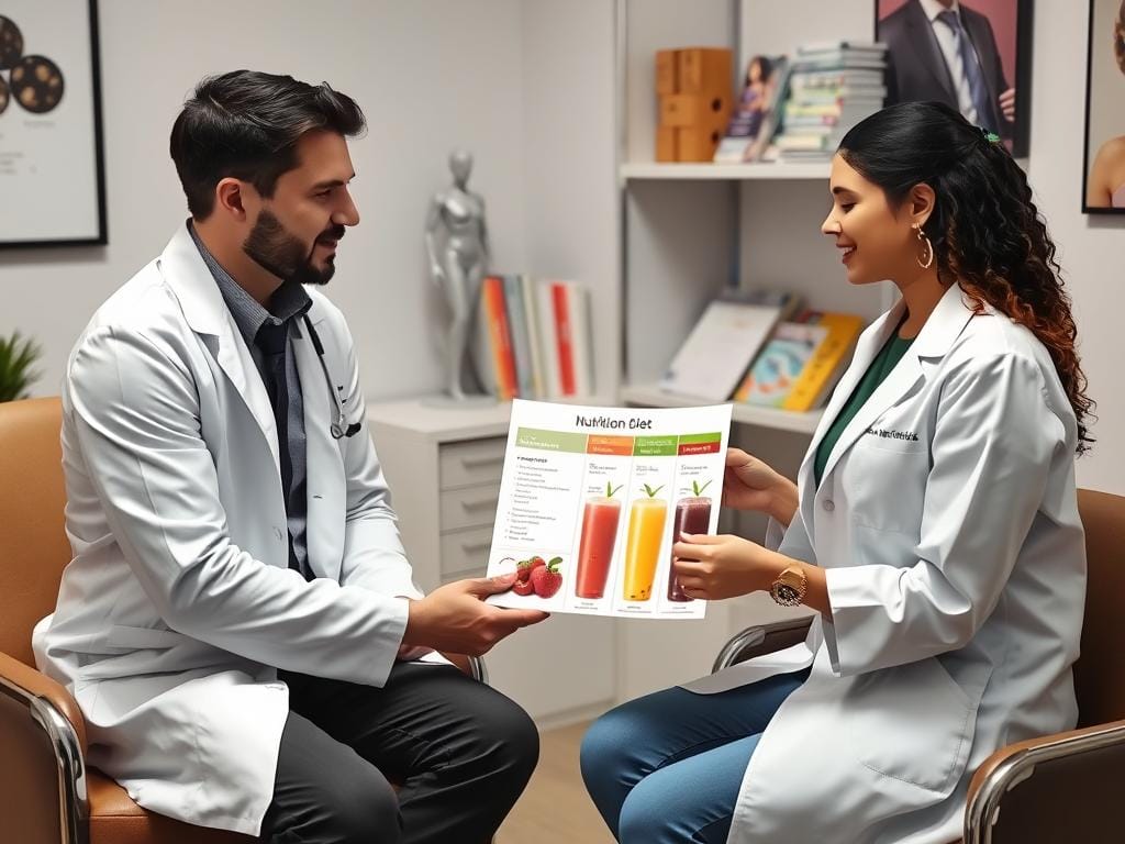 Nutritionist explaining smoothie diet benefits and limitations to a client Nutritionist explaining smoothie diet benefits and limitations to a client