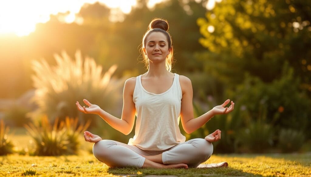 Peaceful person meditating outdoors representing the freedom and peace from Samsara weight-loss audio sessions Peaceful person meditating outdoors representing the freedom and peace from Samsara weight-loss audio sessions