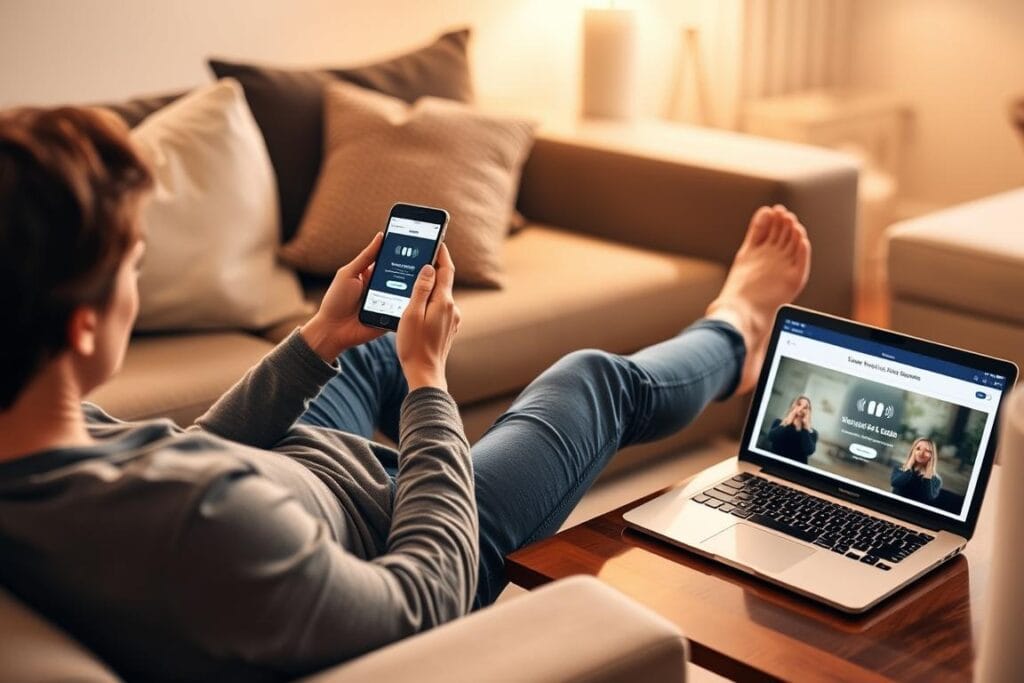 Person accessing Samsara weight-loss audio sessions on multiple devices Person accessing Samsara weight-loss audio sessions on multiple devices