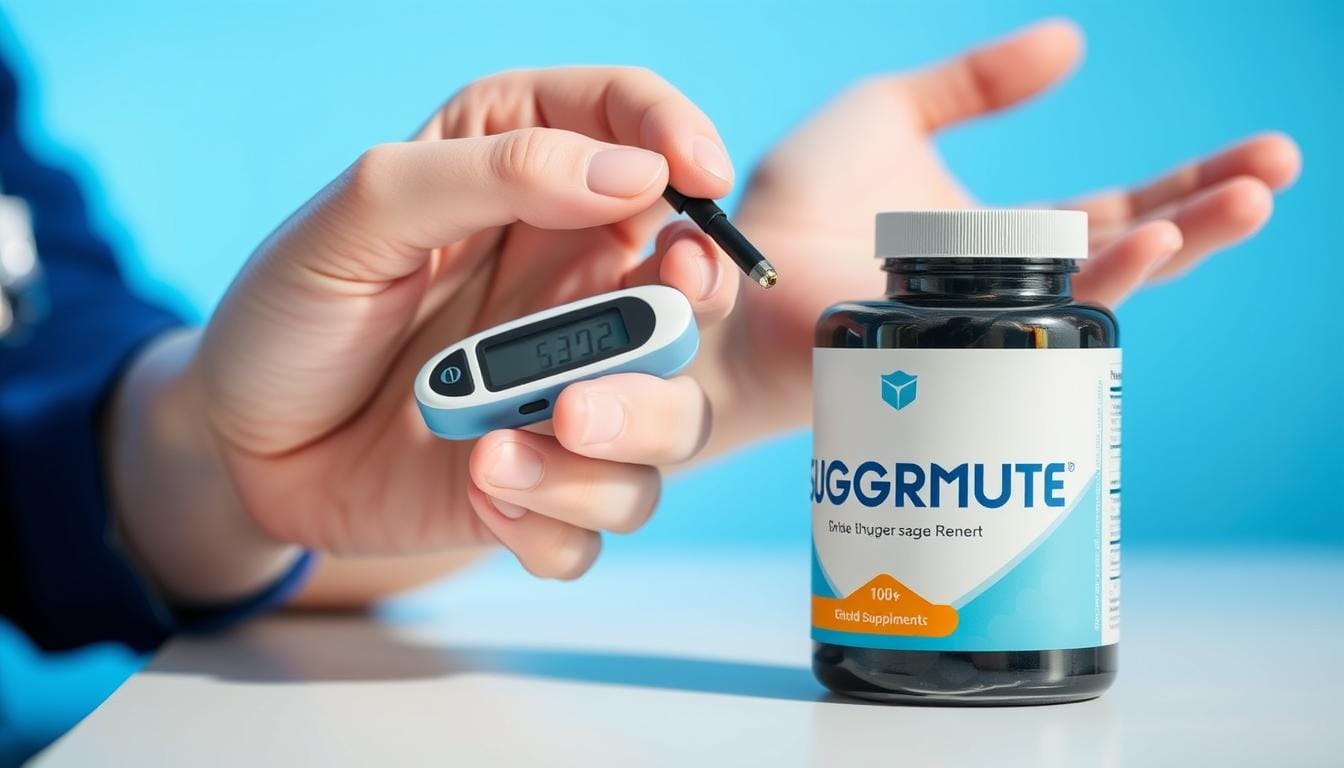 Person checking blood sugar levels with a glucose meter while SugarMute supplement bottle sits nearby