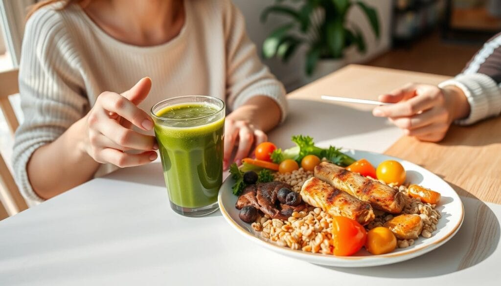 Person enjoying a balanced meal with a side smoothie representing a sustainable approach Person enjoying a balanced meal with a side smoothie representing a sustainable approach