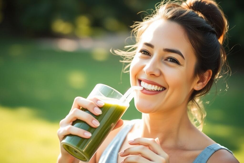 Person enjoying a green smoothie outdoors looking energetic and healthy Person enjoying a green smoothie outdoors looking energetic and healthy