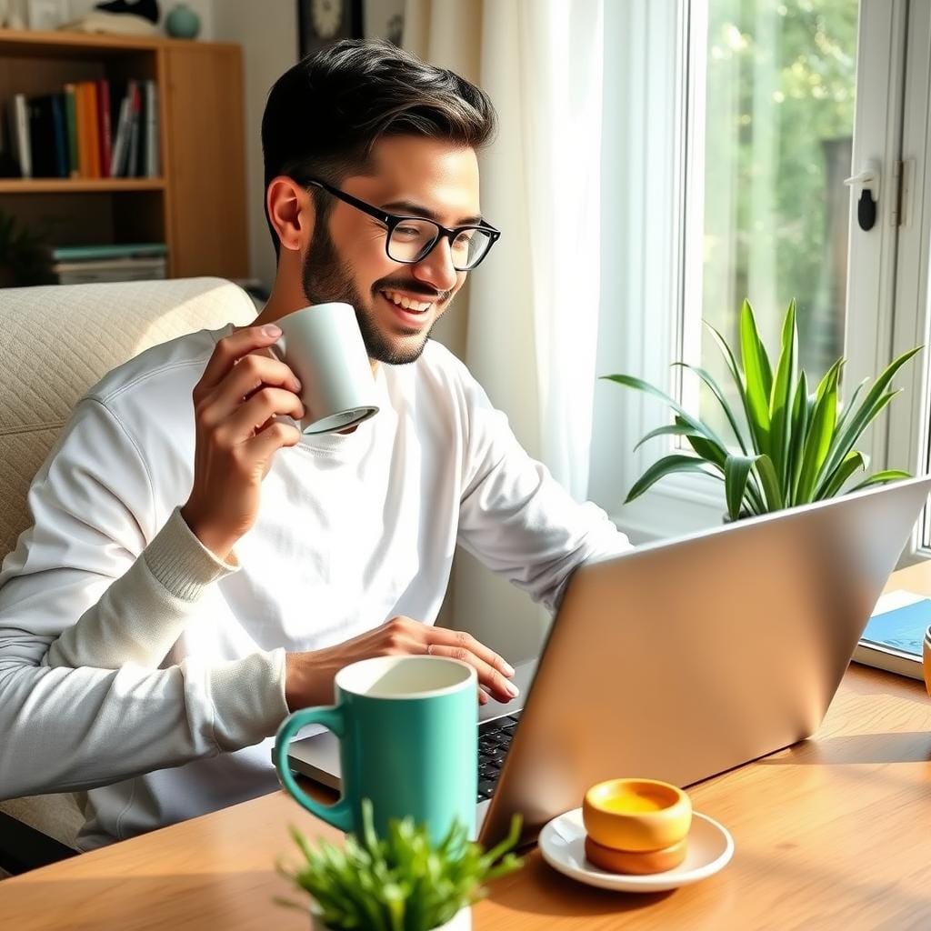Person enjoying coffee with JavaBurn at desk Person enjoying coffee with JavaBurn at desk
