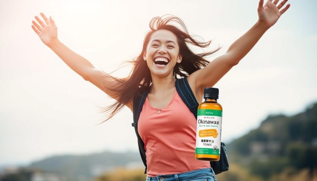 Person enjoying increased energy and vitality after using Okinawa Flat Belly Tonic