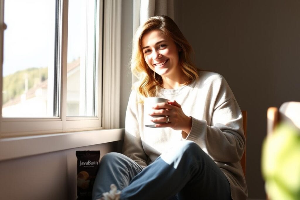 Person enjoying morning coffee with JavaBurn Person enjoying morning coffee with JavaBurn