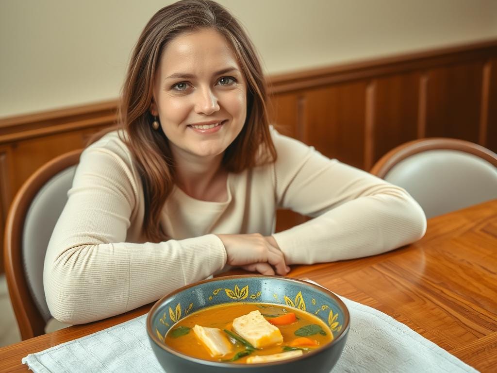 Person feeling satisfied after eating KetoSoup82 soup