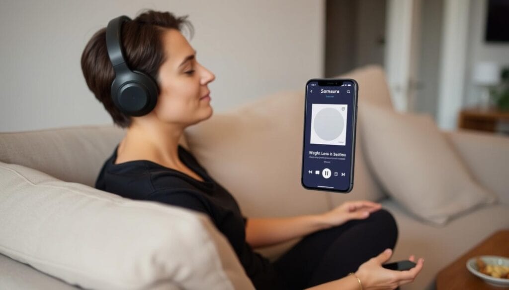Person listening to Samsara weight-loss audio sessions on headphones while relaxing at home Person listening to Samsara weight-loss audio sessions on headphones while relaxing at home