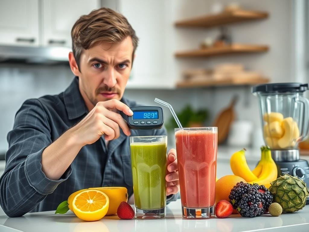 Person looking concerned while measuring sugar content in a fruit smoothie Person looking concerned while measuring sugar content in a fruit smoothie