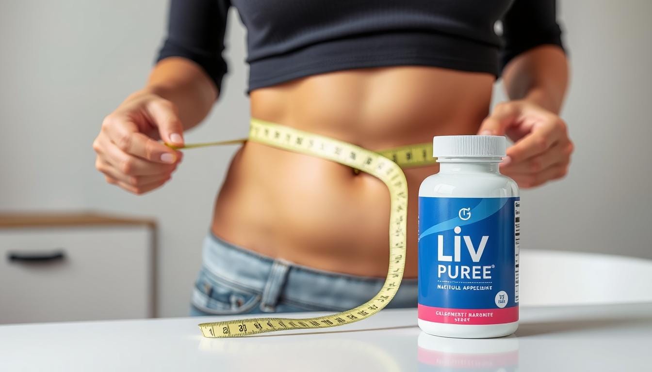 Person measuring their waist with Liv Pure bottle nearby