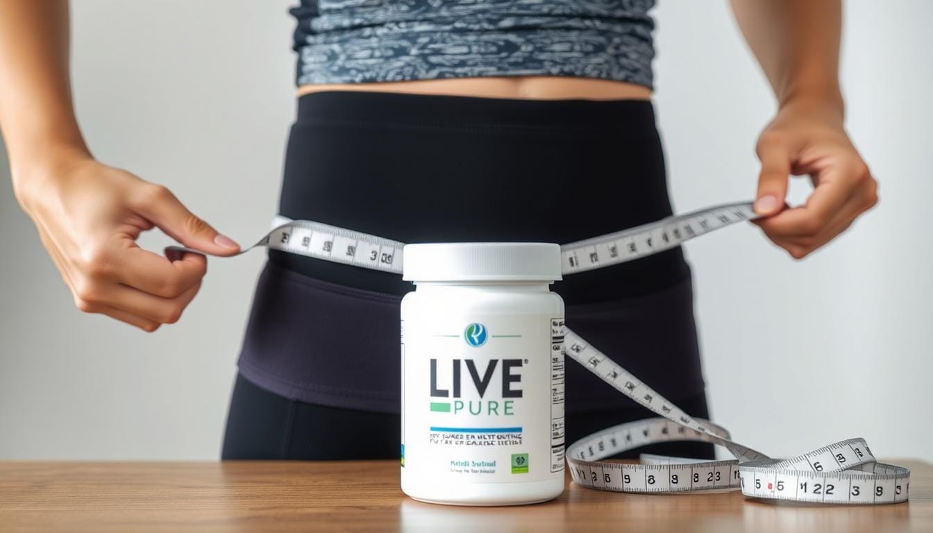 Person measuring their waist with a tape measure next to Liv Pure supplement bottle