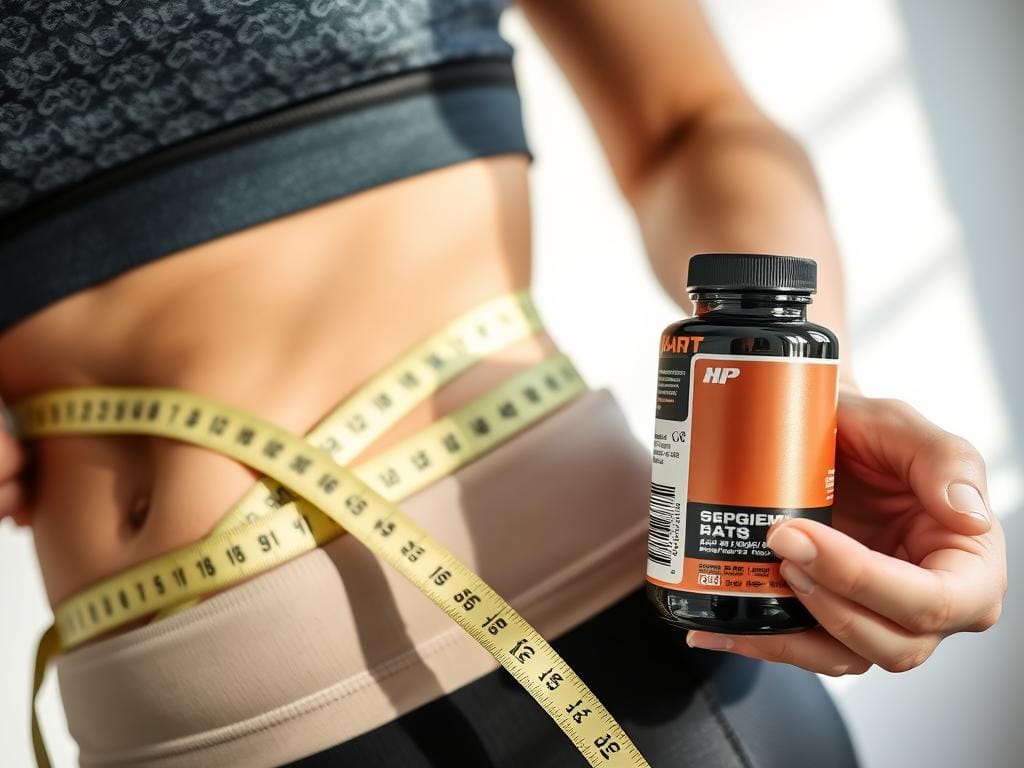 Person measuring waist while holding a fat burner supplement bottle Person measuring waist while holding a fat burner supplement bottle