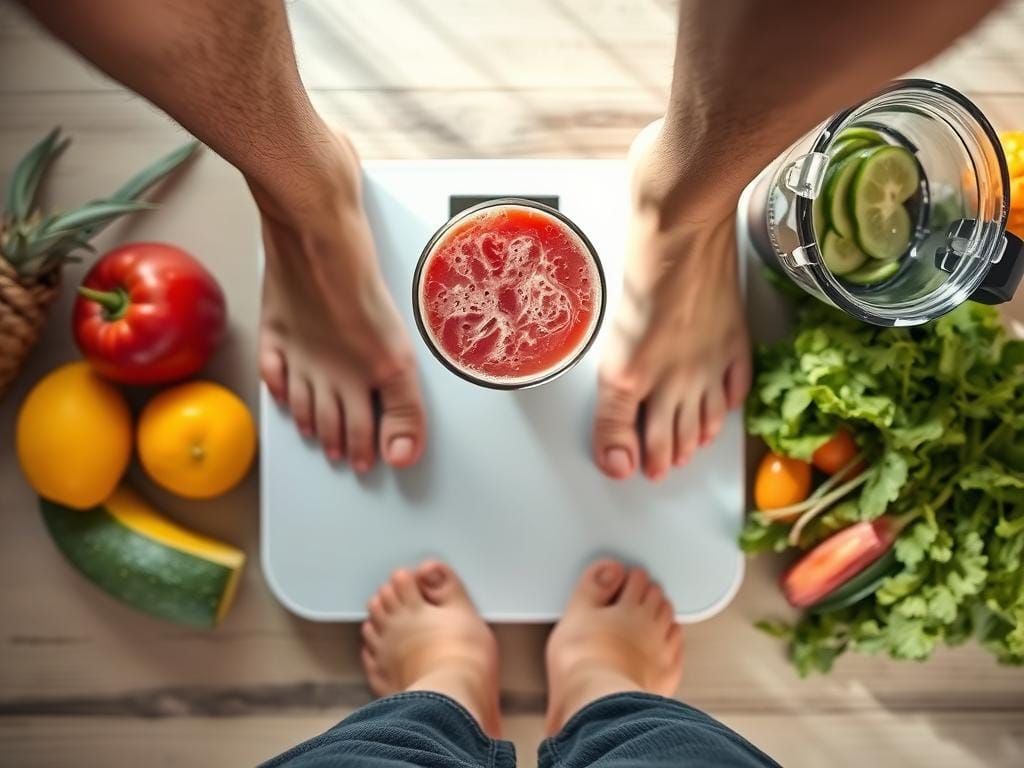 Person measuring weight on a scale with smoothie ingredients nearby Person measuring weight on a scale with smoothie ingredients nearby