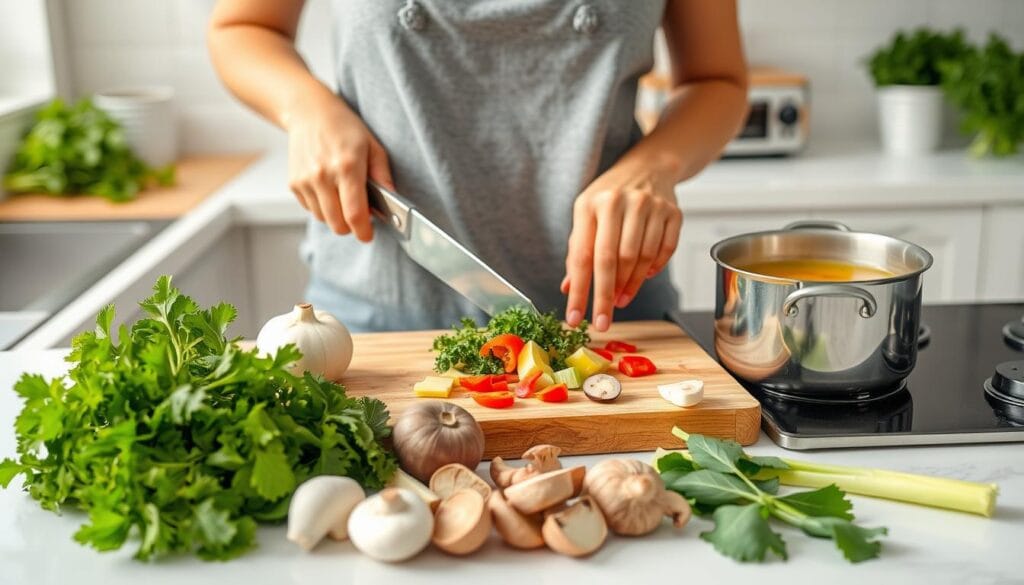Person preparing KetoSoup82 plan soup in kitchen