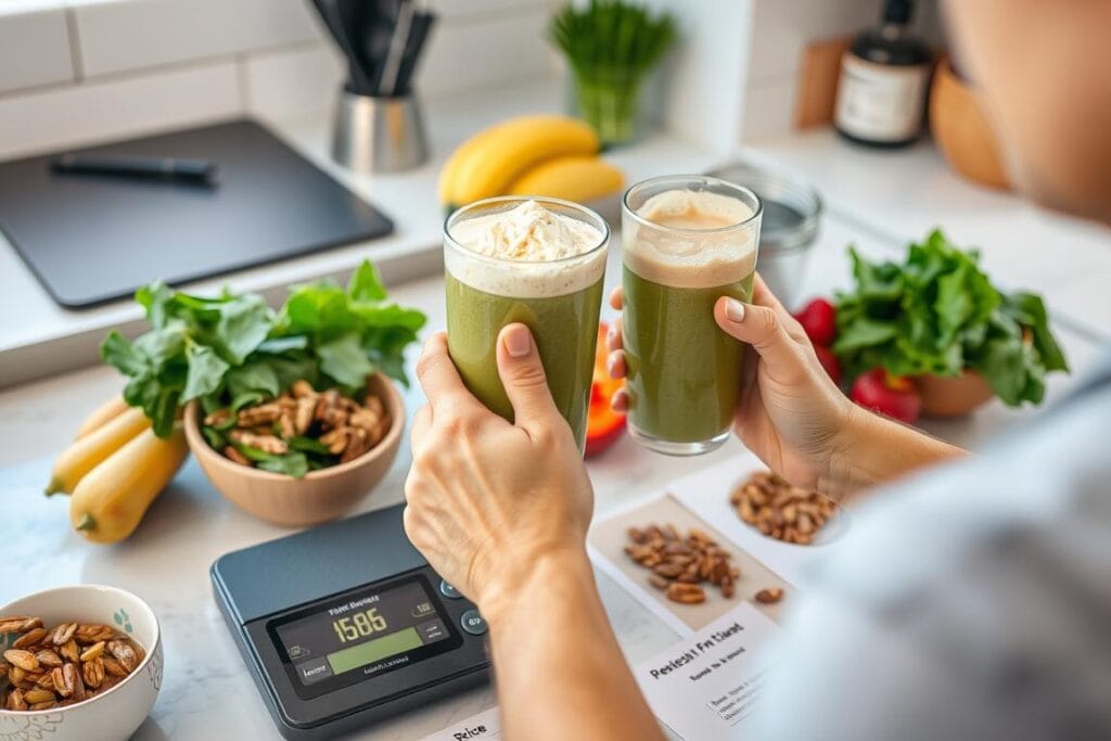 Person preparing a balanced smoothie with protein powder and measured ingredients Person preparing a balanced smoothie with protein powder and measured ingredients