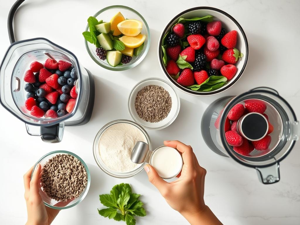 Person preparing a weight loss smoothie with measured ingredients and a blender for lose weight without exercise using the smoothie diet plan