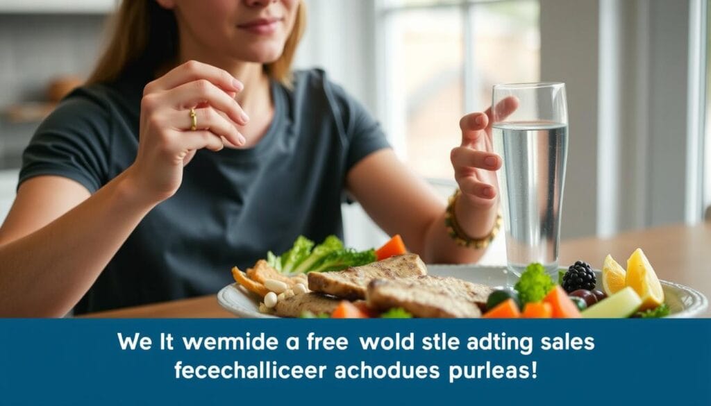 Person taking SugarMute capsules with a glass of water before a meal