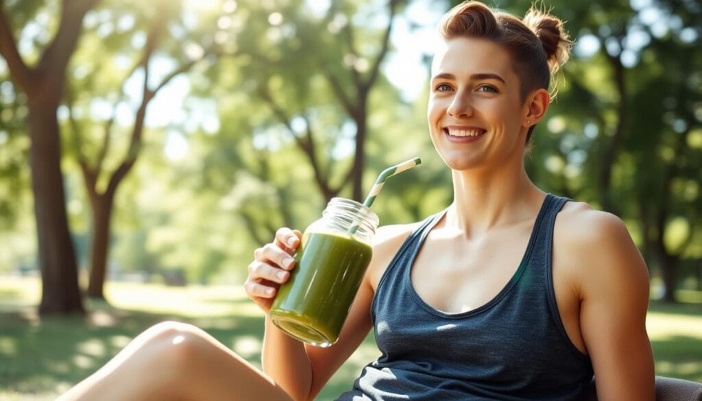 Person with glowing skin and high energy enjoying a smoothie outdoors for lose weight without exercise using the smoothie diet plan