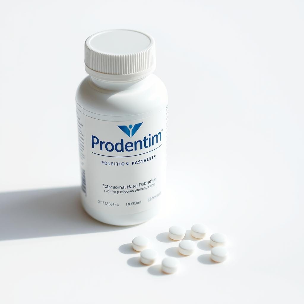 ProDentim bottle and tablets showing the product packaging