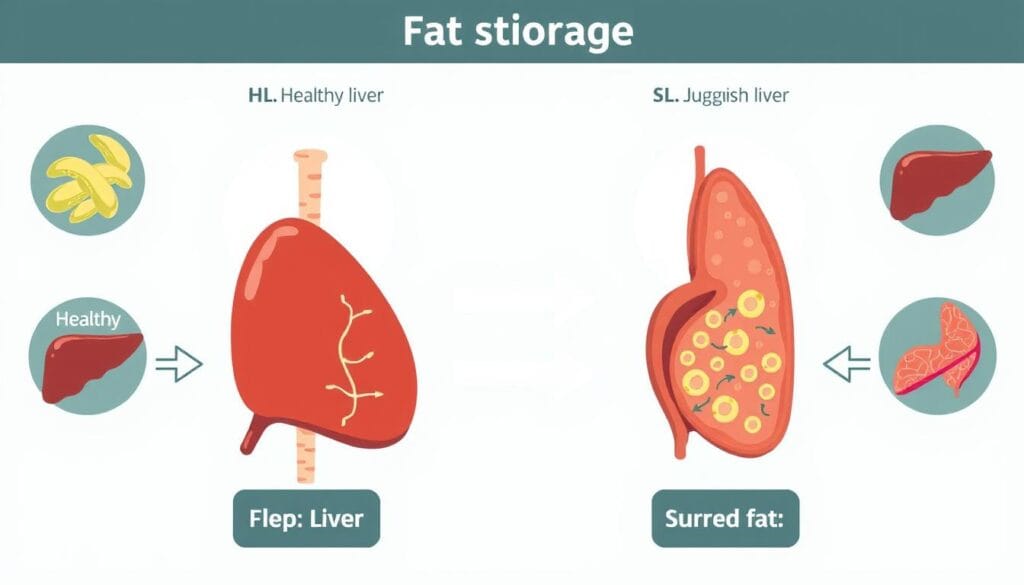 Scientific illustration of how liver health affects fat metabolism and stubborn belly fat Scientific illustration of how liver health affects fat metabolism and stubborn belly fat