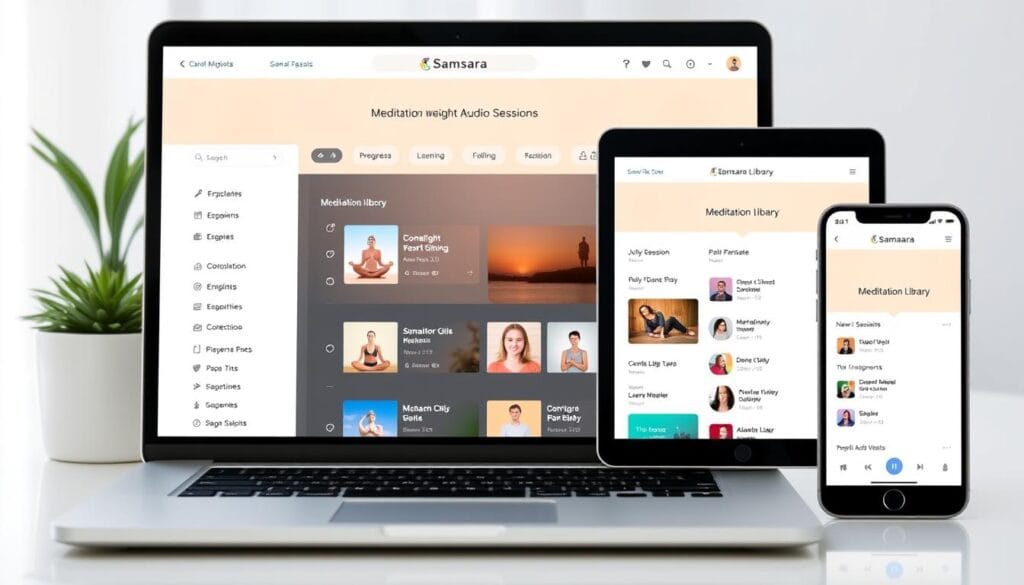 Screenshot of the Samsara weight-loss audio sessions platform on multiple devices Screenshot of the Samsara weight-loss audio sessions platform on multiple devices