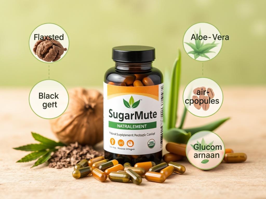 SugarMute bottle with capsules and natural ingredients surrounding it, highlighting its plant-based formula for reducing sugar spikes
