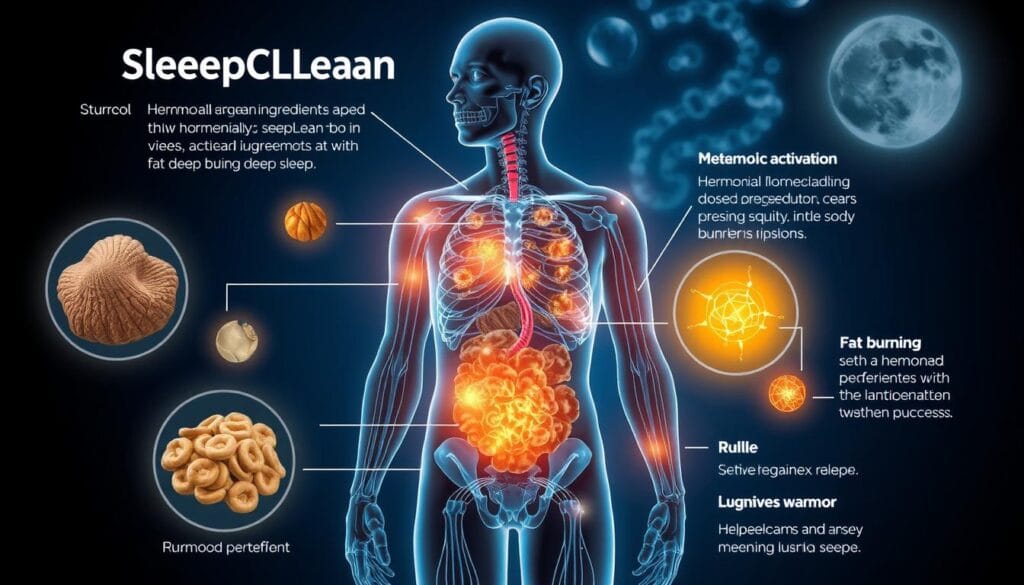 Visual representation of SleepLean's mechanism of action on metabolism during deep sleep Visual representation of SleepLean's mechanism of action on metabolism during deep sleep