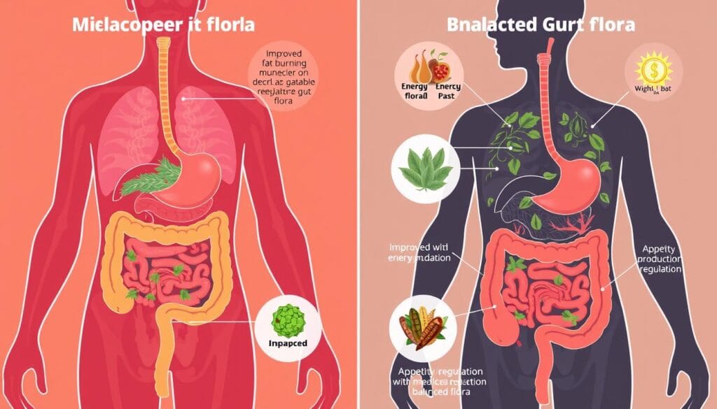 Visualization of how balanced gut flora improves metabolism and weight loss